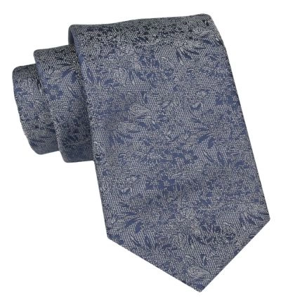 Klasyczny Krawat Męski - ALTIES - Szarość z Nebieskim, Kwiaty